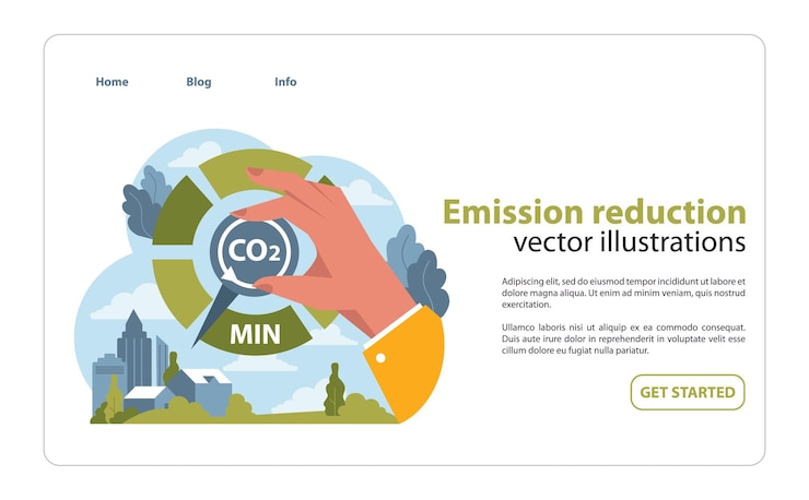 Vecteur hand magnifying co avec une mission de minimiser le paysage urbain à l'arrière-plan de la verdure luxuriante souligne le