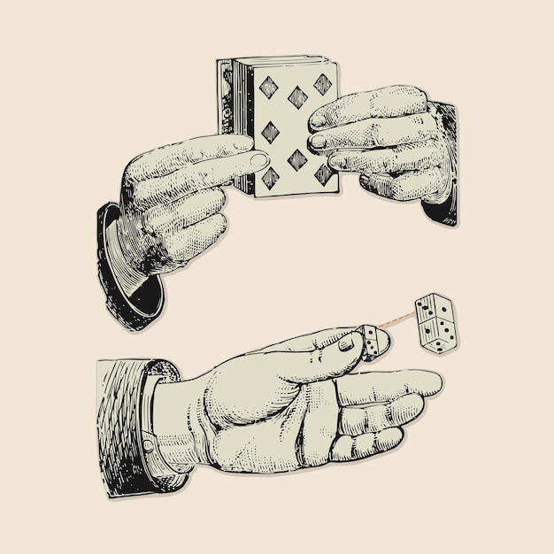 Vecteur hands dice and cards logo rétro ancien modèle d'affiche d'illustration vintage éléments vectoriels de conception