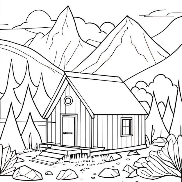 Vecteur un hangar sur la montagne saison d'automne livre de coloriage illustration vectorielle ligne d'art