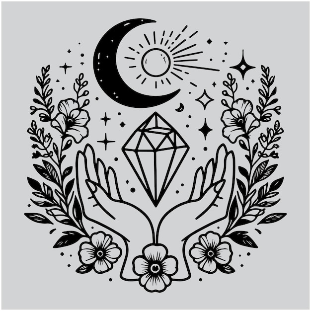 Hans Magique Tient Le Cristal De Lune Et Les Fleurs Modèle De Logo Boho Tatouage Féminin Avec Simple Botanique