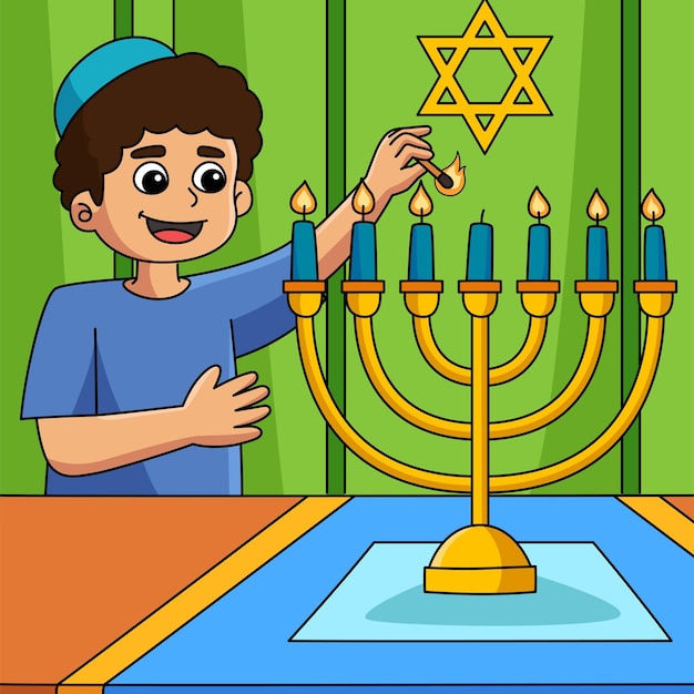 Hanukkah Boy Lighting Menorah Colored Cartoon