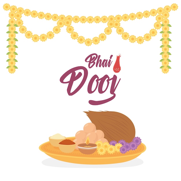 Happy bhai dooj, nourriture de fête de famille indienne et illustration de décoration de fleurs florales