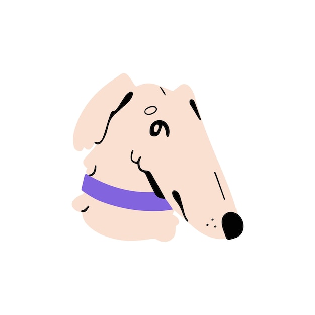Happy Borzoi museau chiot de race pure de la chasse russe portrait de lévrier visage mignon de chien moelleux chiot de chiot drôle dans le collier avatar d'animal de compagnie canin adorable illustration vectorielle isolée plate sur blanc