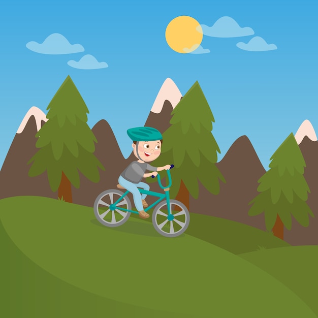 Happy Boy, Faire Du Vélo Dans Les Montagnes. Enfants En Vacances. Illustration Vectorielle