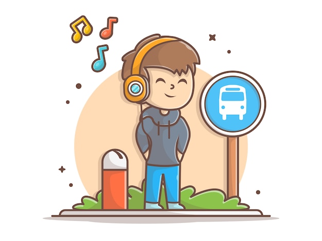 Happy Boy Listening Music Waiting The Bus with Heaphone in Halte Vector Icon IIllustration. Personnes et musique icône Concept blanc isolé