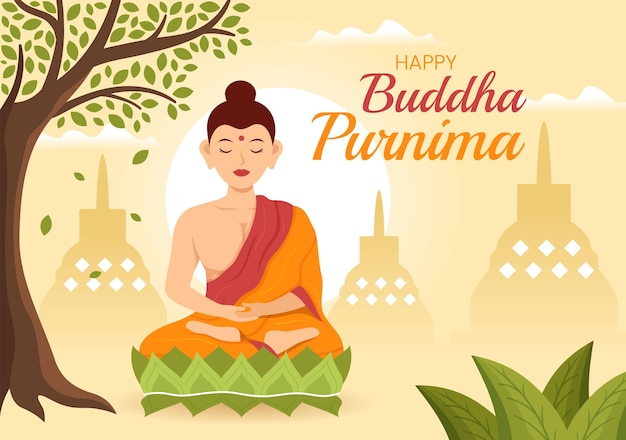Vecteur happy buddha purnima illustration avec vesak day ou indian festival dans des modèles dessinés à la main