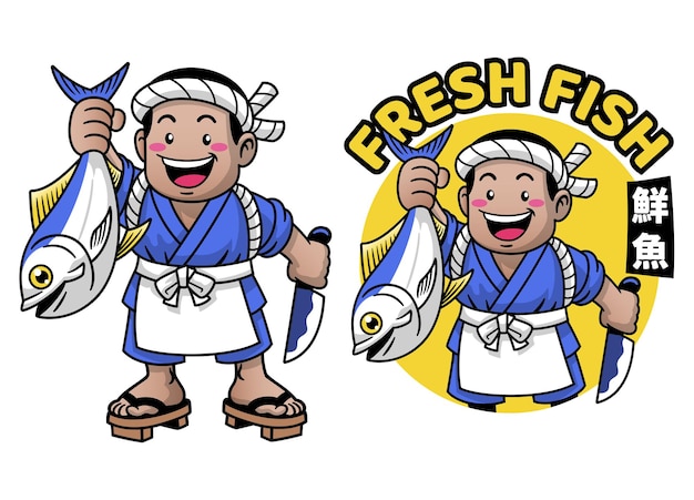 Happy Cartoon Japan Fishmonger Montre Son Gros Poisson Texte Japonais Signifie Poisson Frais