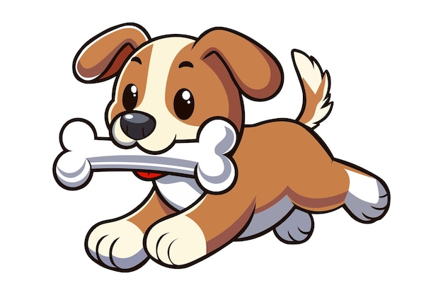 Happy Cartoon Puppy Running with Bone Fun et illustration de chien ludique pour les enfants et les produits