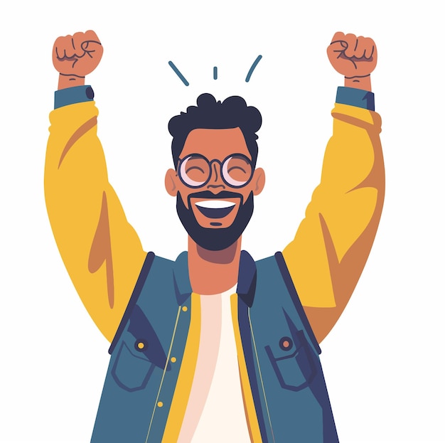 Vecteur happy celebrating man character with arms raised cheering flat vector illustration