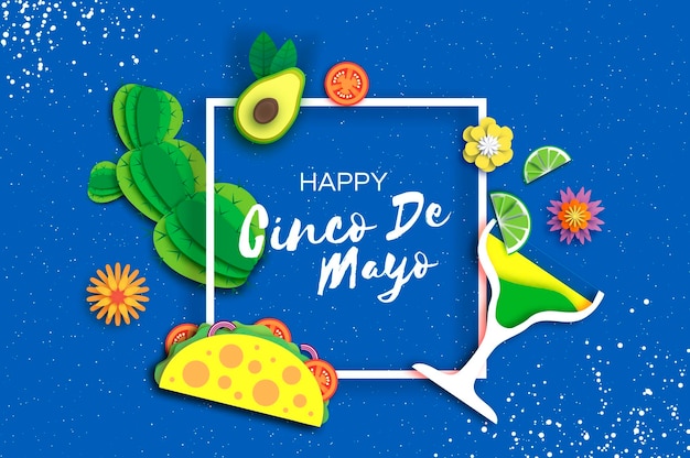 Happy Cinco De Mayo Banner Sombrero Hat Fan Tacos Coctail Et Fleurs En Papier Découpé Style Mexique