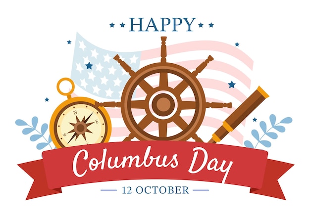 Happy Columbus Day National Holiday Illustration de dessin animé dessiné à la main dans un fond de style plat