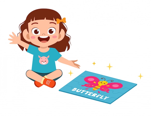 Happy Cute Little Kid Girl Play Puzzle