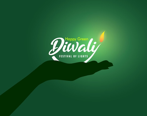 Happy Diwali Festival- lampes Diya vertes allumées pendant la célébration de diwali concept écologique de feuille verte