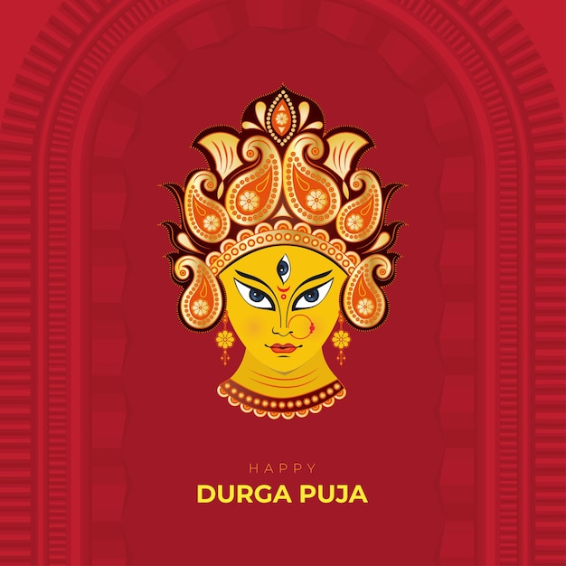 Vecteur happy durga puja festival celebration card design avec goddes durga face illustration