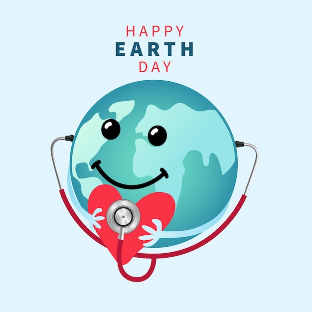 Vecteur happy earth day planète smiley emoji drôle avec coeur et stéthoscope affiche créative de style dessin animé