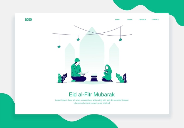 Happy Eid Al Fitr Illustration Concept De L'homme Et La Fille Assise En Lisant Le Design Plat Du Coran