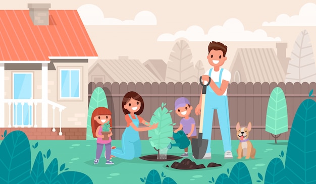 Happy Family Plante Un Arbre Dans Le Jardin. Parents Et Enfants Se Reposent Dans Une Maison De Campagne En Pleine Nature