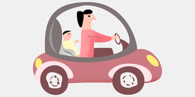 Happy Family Summer Vacation Illustration Avec Voiture Père Et Enfants Papa Et Fils Ou Fille