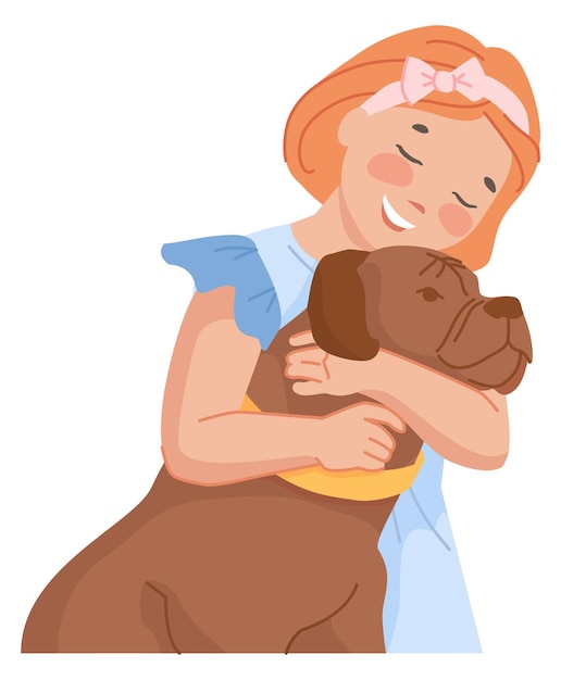 Happy Girl Hugging Dog Friendly Animal De Compagnie Avec Enfant