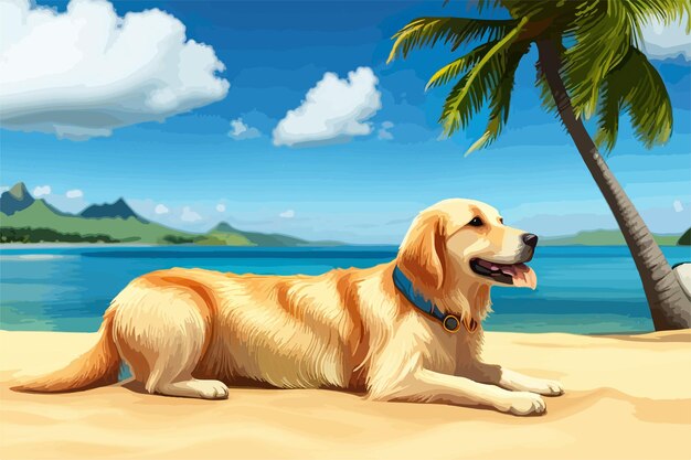 Vecteur happy golden retriever chiot sur la plage de sable concept pour les aventures d'été du chien de race pure à la