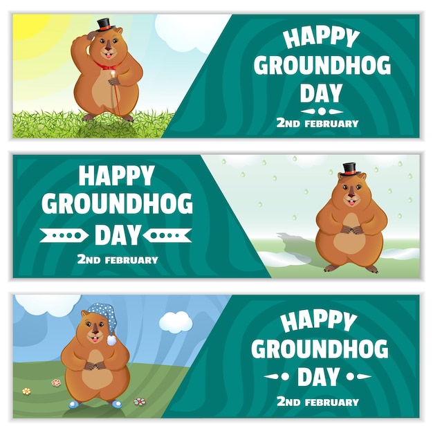 Vecteur happy groundhog day est une fête de printemps. 2 février. ensemble de bannières horizontales. marmotte avec canne, chapeau melon, bonnet de nuit et chaussons. graphiques vectoriels.