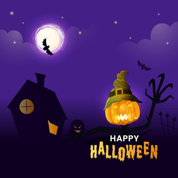 Happy Halloween Celebration Concept Avec Jack-o-lantern Porter Un Chapeau De Sorcière, Une Maison Et Des Chauves-souris Volant Sur Fond Violet De Pleine Lune.