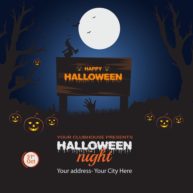 Happy Halloween chauves-souris volant à la bannière de nuit de lune ou des affiches pour la publication sur les réseaux sociaux