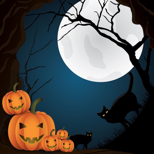 Vecteur happy halloween day chat mignon et citrouille sourire fond effrayant effrayant avec une pleine lune
