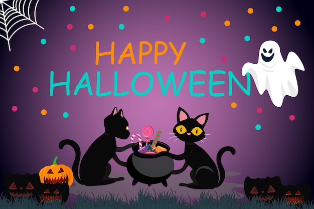 Happy Halloween illustration vectorielle avec des citrouilles et des bonbons fantômes de chats mignons