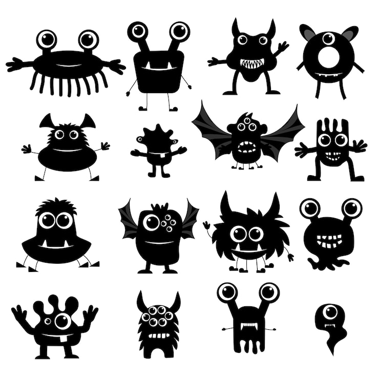 Vecteur happy halloween monster set icon line cute cartoon baby character funny face black silhouette