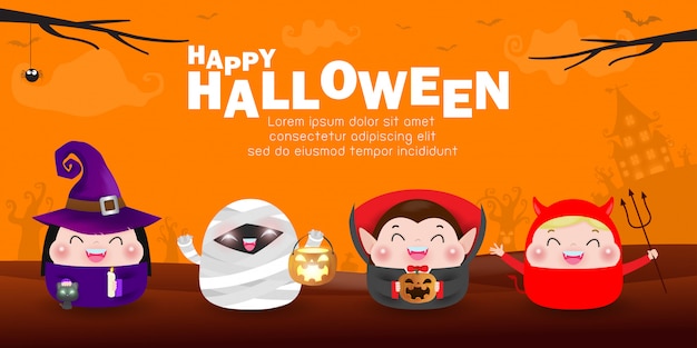 Happy Halloween Party Costume Enfants. Groupe D'enfants En Cosplay Halloween.