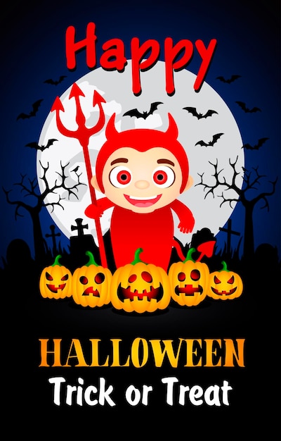 Happy Halloween Trick or Treat affiche avec enfant en costume diable carte de voeux Halloween