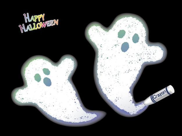 Happy Halloween Vector White Ghosts Crayon Illustration Isolé Sur Un Fond Noir.