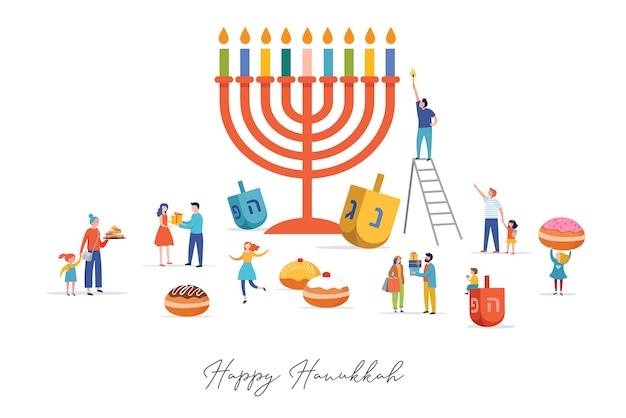 Happy Hanukkah, Scène De La Fête Juive Des Lumières Avec Des Gens, Des Familles Heureuses Avec Des Enfants.