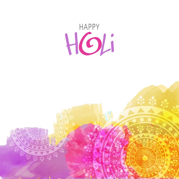 Vecteur happy holi celebration concept avec motif mandala effet aquarelle sur fond blanc