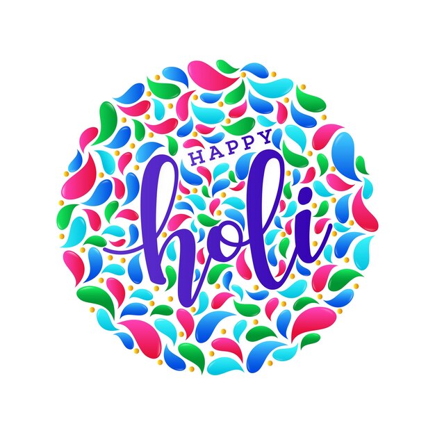 Happy Holi Font Gouttes D'arc Coloré Arrondi Et Points Dorés Sur Fond Blanc