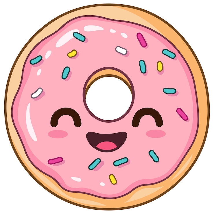 Vecteur happy kawaii donut avec glaçage rose et éclaboussures colorées dans le style kawaii