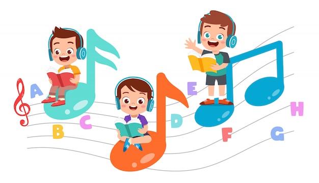 Happy Kids Lit Des Livres Et écoute De La Musique