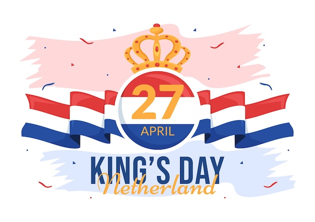 Happy Kings Netherlands Day Illustration avec Wave Flag et King Celebration dans des modèles dessinés à la main