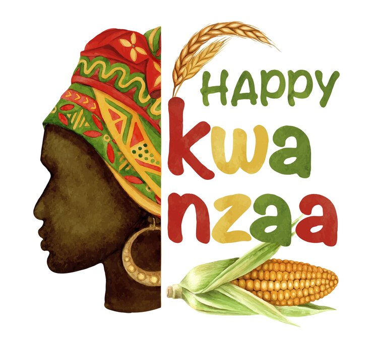 Vecteur happy kwanzaa signe coloré de lettres à l'aquarelle avec femme noire et maïs vacances dessinées à la main