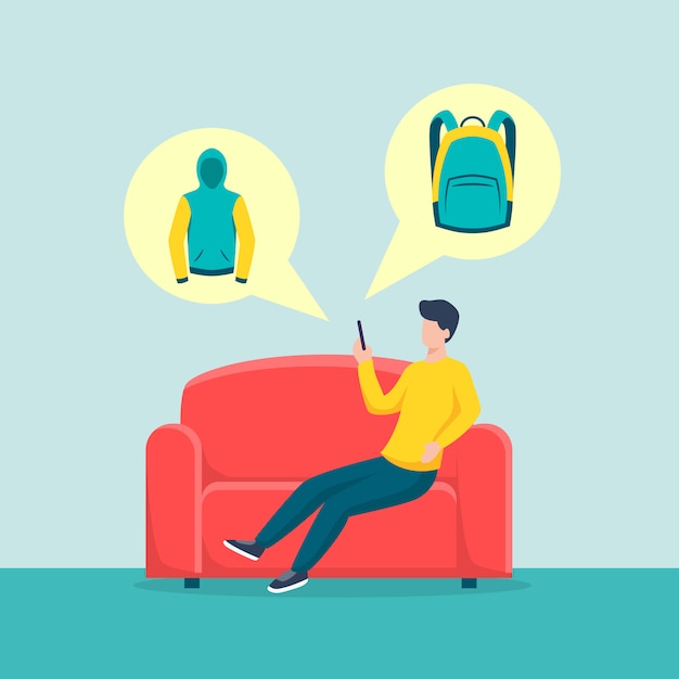 Vecteur happy man shopping from home with mobile phone ecommerce asseyez-vous sur le canapé avec l'icône du produit