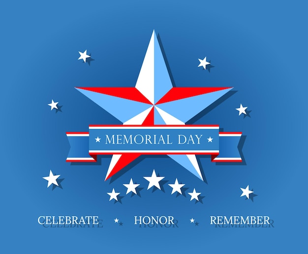Happy Memorial Day arrière-plan Illustration de fête nationale américaine Drapeau américain et texte sur bleu avec des étoiles Arrière-plan pour le Memorial Day