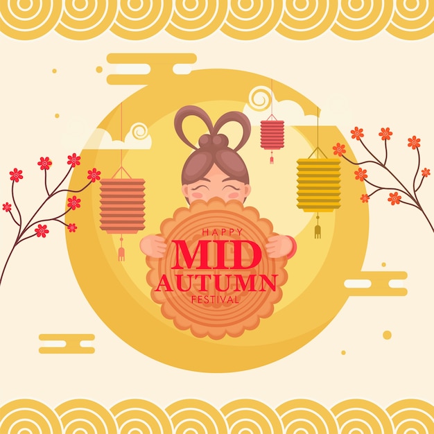 Happy Mid Autumn Festival Concept Avec Chinese Girl Holding Moon Cake, Branches De Fleurs Et Lanternes Suspendues Sur Fond Jaune.