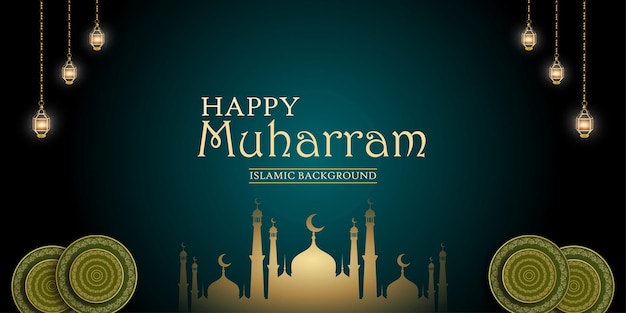 Happy Muharram Blue Golden Background Bannière De Médias Sociaux Islamiques Vecteur Gratuit