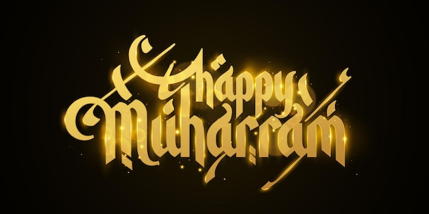 Vecteur happy muharram golden typographie musulmane sur fond sombre