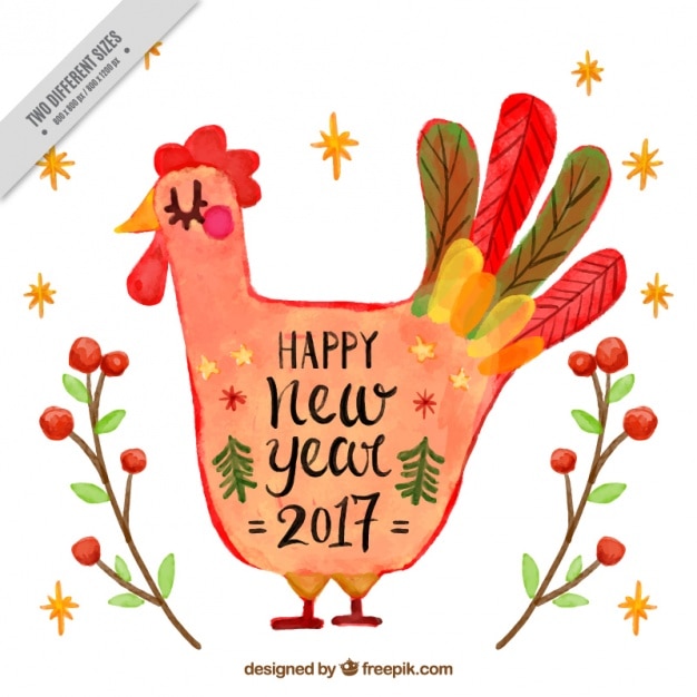 Vecteur happy new year background avec poule d'aquarelle
