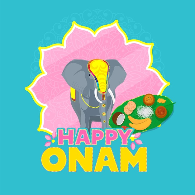 Happy Onam Célébration Concept Avec éléphant Animal Sadya Nourriture Sur Fond Rose Et Bleu