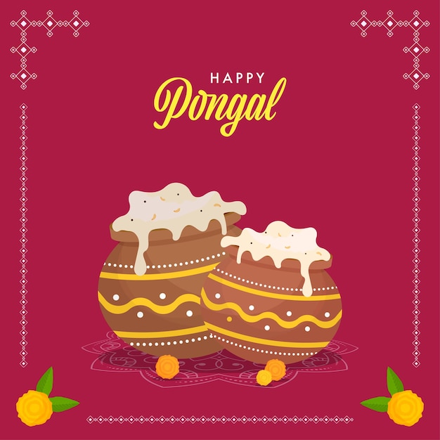 Happy Pongal Celebration Concept avec du riz Pongali dans des pots de boue et des fleurs de souci sur fond rose foncé