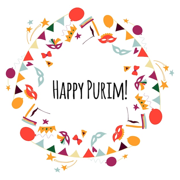 Vecteur happy purim carnival frame sous la forme d'une couronne