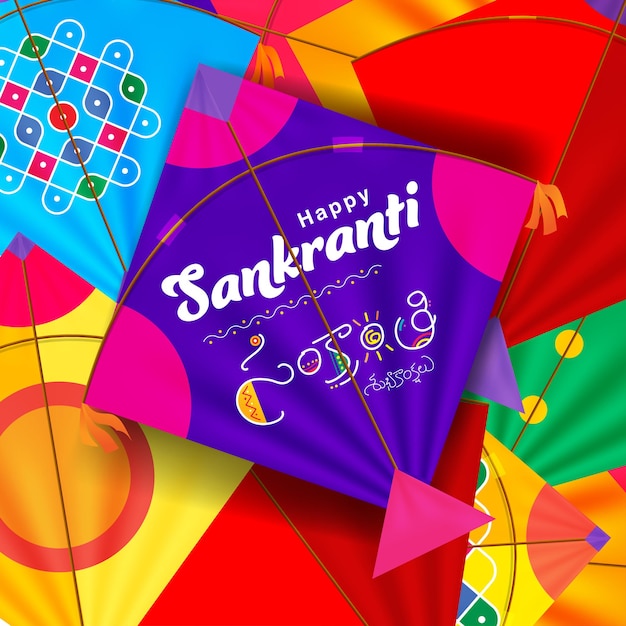 Happy Sankranti écrit En Langue Telugu Sur Cerf-volant. Souhaits De Sankranti Avec Décoration De Cerf-volant